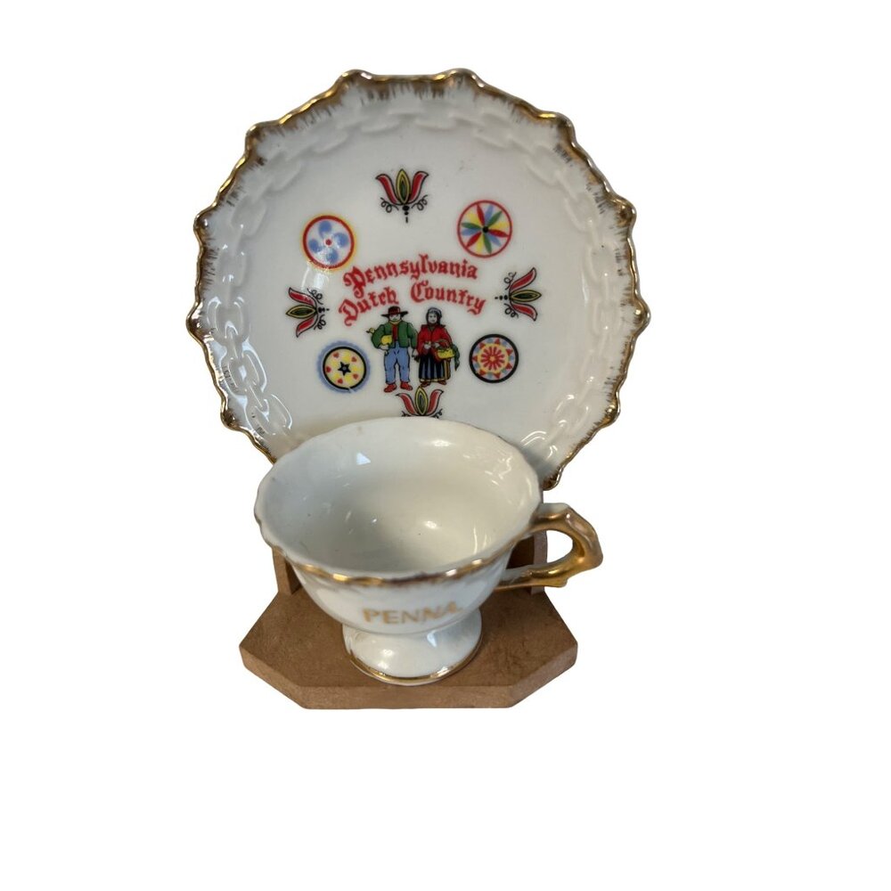 Vintage Pennsylvania Dutch Country Demitasse Cup & Saucer Set Japan Gold Trim Mi